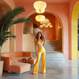 a woman in yellow pants and a black top
