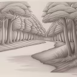 a pencil drawing of trees in the distance