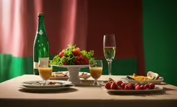 two champagne flutes and plates with fruit on them,a very nice table with many things in front of it