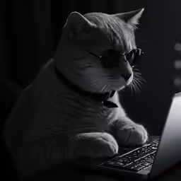 a cat wearing sunglasses with its paws on a laptop