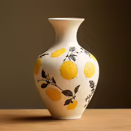 a ceramic vase with lemons painted on it