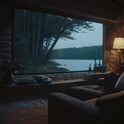 living room in front of a window with a lake view