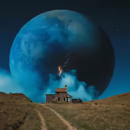 the view of a very dark alien planet and a house