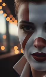woman with white and red face painting in dark room