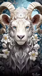 the ram is painted in a field of flowers,a large sheep with horns and blue eyes