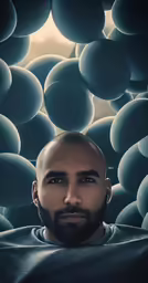 a bald man posing in front of many balls