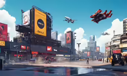 a city street with people and vehicles near by