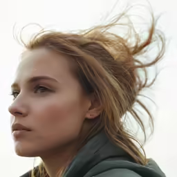a woman with long hair looking off to the side