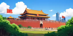 a large chinese building is surrounded by buildings