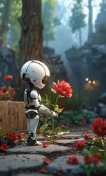 a little robot picking up a flower on the ground