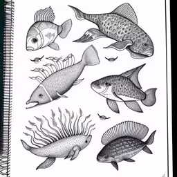 some fish are swimming in the water,a drawing of fish in black and white