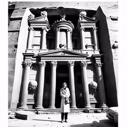 the person is standing near some ancient architecture