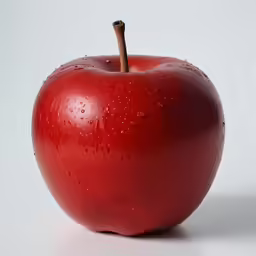 an apple with water drops on it sitting against a white background