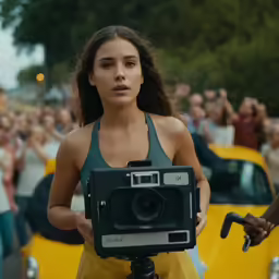 a woman standing in front of an audience holding a camera