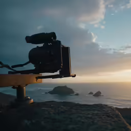 a movie camera overlooking the water on a sunny day