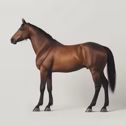 a brown horse is standing and looking off to the side