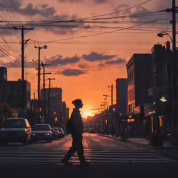 a woman crossing the street at sunset as a traffic lights go on
