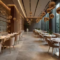 a well lit restaurant with modern furniture and elegant lighting