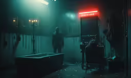 a dimly lit room with a red light