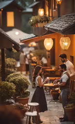 the waiter takes order from the waitress outside at the restaurant