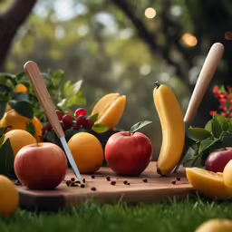 the fruits are placed on the cutting board in the grass
