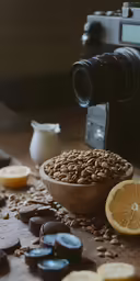 a camera with some buttons on it sitting next to a bowl and lemon