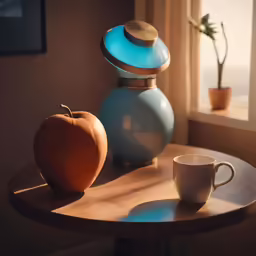 there is a blue pitcher next to a cup and an apple