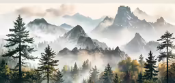the mountains are covered in fog and pine trees