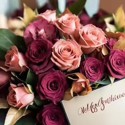 the bouquet is full of pink roses with some greenery