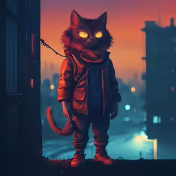 a cat stands in an alley with glowing eyes