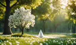 a lone white tree in a grassy field with an origami pyramid in the foreground