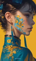 woman with blue face paint standing in front of yellow wall
