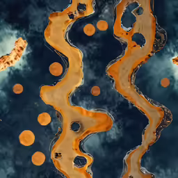 a series of curves of sand is reflected in the water