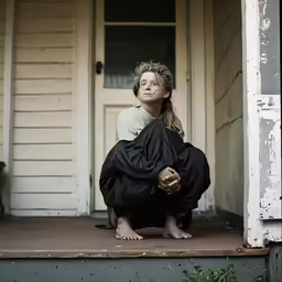 the woman sits on the step of the porch