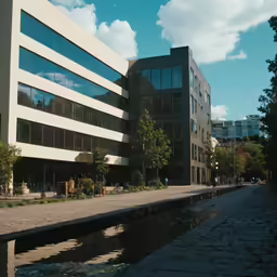 buildings are reflected on the water surface by the walkway