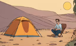 a man sitting in a chair next to a tent in the desert,the person sits in a chair near a tent