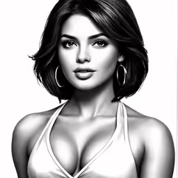 a black and white drawing of a woman wearing a bikini