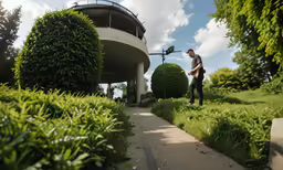 the young man is walking near a circular building