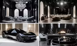 a series of photographs that show a black car inside a luxurious home