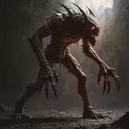 an alien like creature in the dark forest