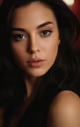 a woman with dark hair and long hair poses for the camera