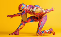 a colorful art piece posed on a bright yellow background