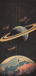 a painting of saturn is flying by over the planet
