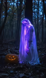 a person standing on leaves next to a lighted pumpkin