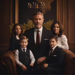 the family is posing for a picture in their formal suits