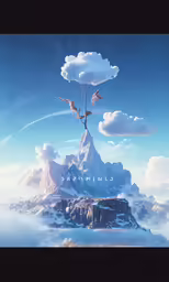 the sky above the mountain has birds on it and clouds in the shape of the letters learning