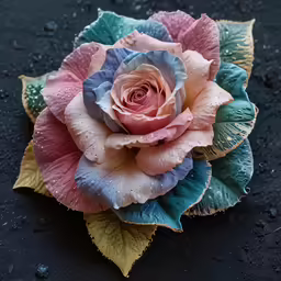 an elegant rose placed on the ground surrounded by rain drops