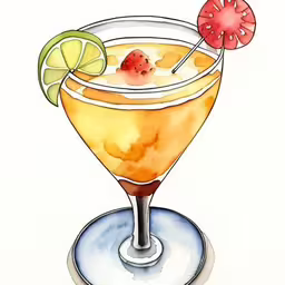 a painting of a drink on a glass with a slice of watermelon and an umbrella,a watercolor painting of a cocktail glass,a watercolor painting of a cocktail with fruit on top,an illustration of a glass with ice and some fruit on top,a drawing of an alcoholic drink with an orange slice