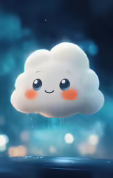 a small white cloud with orange eyes and rain