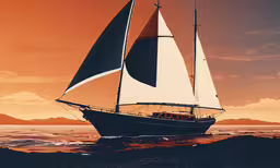 a boat sailing in the ocean at sunset,a sailboat on the water with a sunset in the background